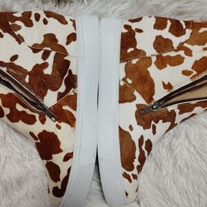 Brown and White Cow Print High-Top Sneakers